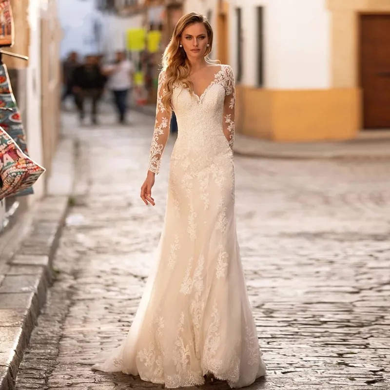 2024 Mermaid Wedding Dress V-Neck Flower Spets Appliques dragkedja tillbaka långa ärmar Brudformiga klänningar svep Train Vestidos de Novias