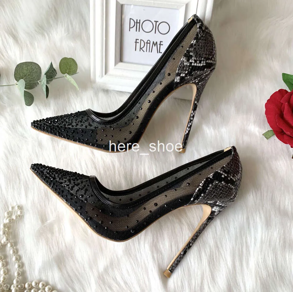 Casual Designer Sexig Lady Fashion Women Shoes Black Crystal Mesh Point Toe High Heels Stiletto Stripper Bride Wedding Pumps 10cm 8cm