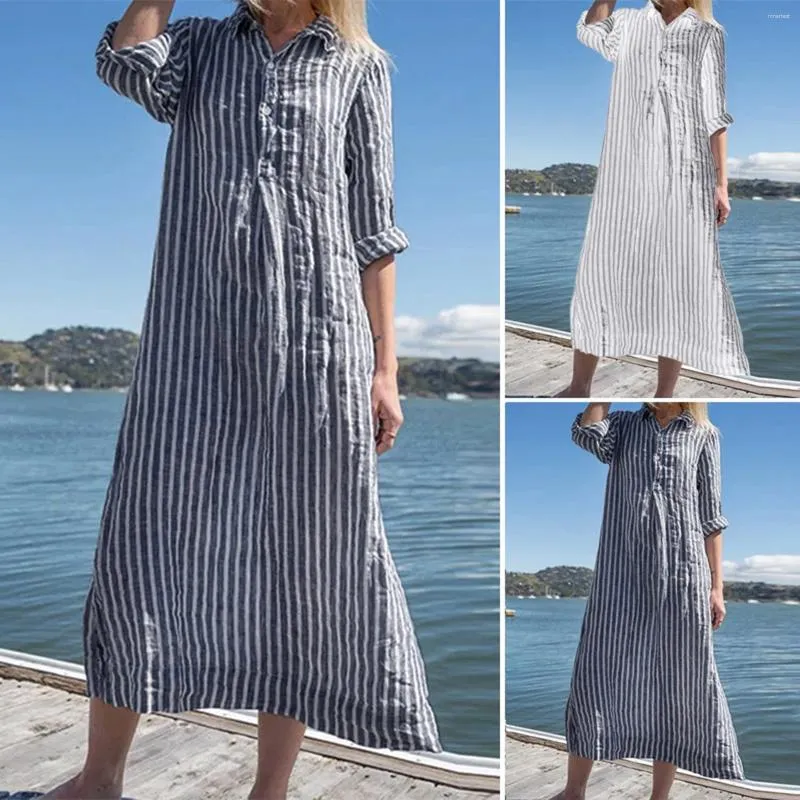 Casual Kleider Lose Gestreiften Maxi Hemd Kleid Frauen Baumwolle Langarm Button Down Swing Frauen Sommer Elegante Vestidos