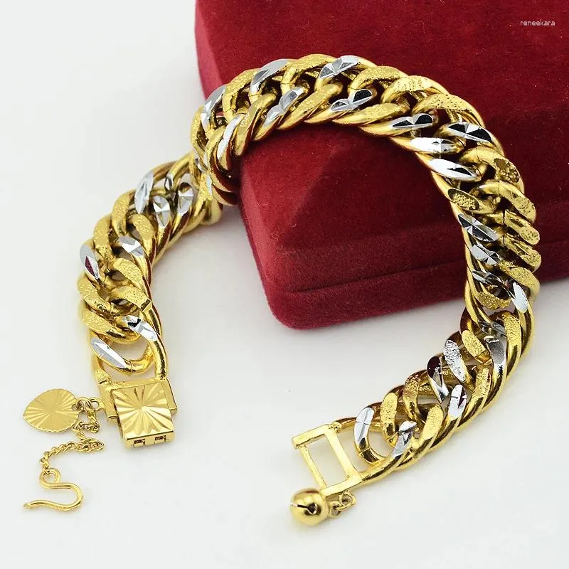 Link Bracelets 2 Color 12mm Cool Womens Mens Hand Chains Yellow White Gold Curb Carve Cut Bracelet 7/8/9/10 Inch