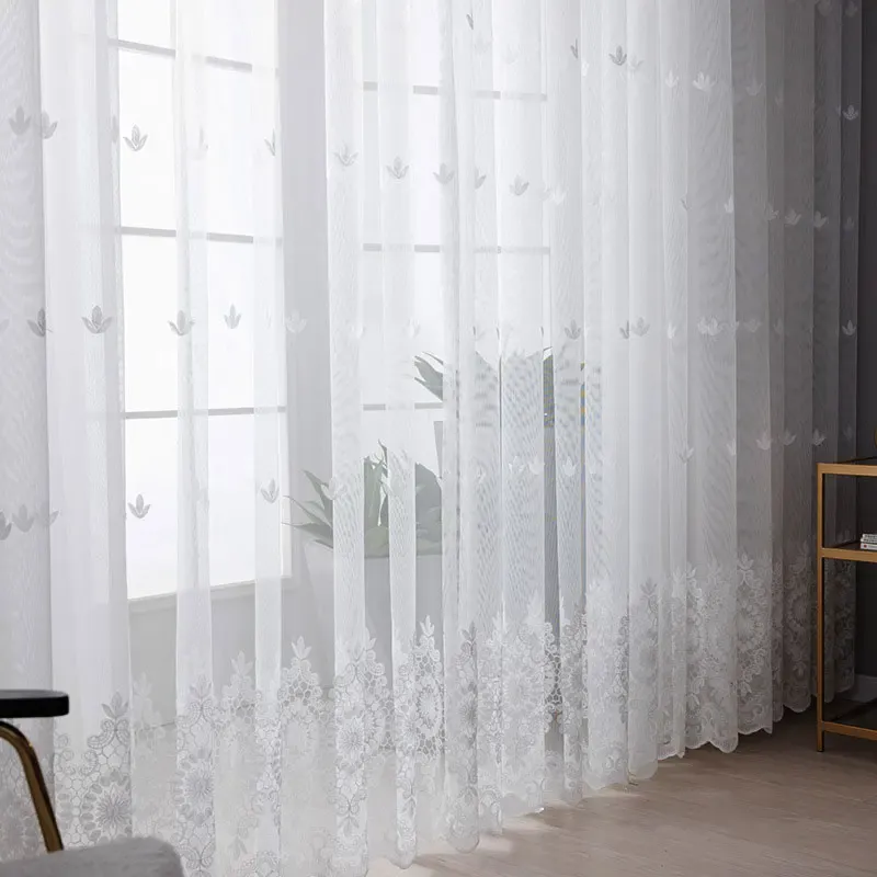 Cortinas bordadas florais brancas tule cortina de tela de janela para sala de estar quarto luxo puro voile cortina cega decoração de porta