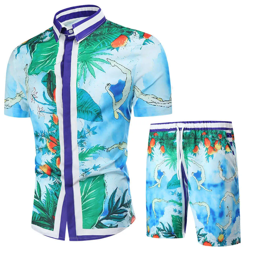 Chinese Style Mens Patterned Short Sleeved Shirt Set Beach Tourist Oversized Clothing