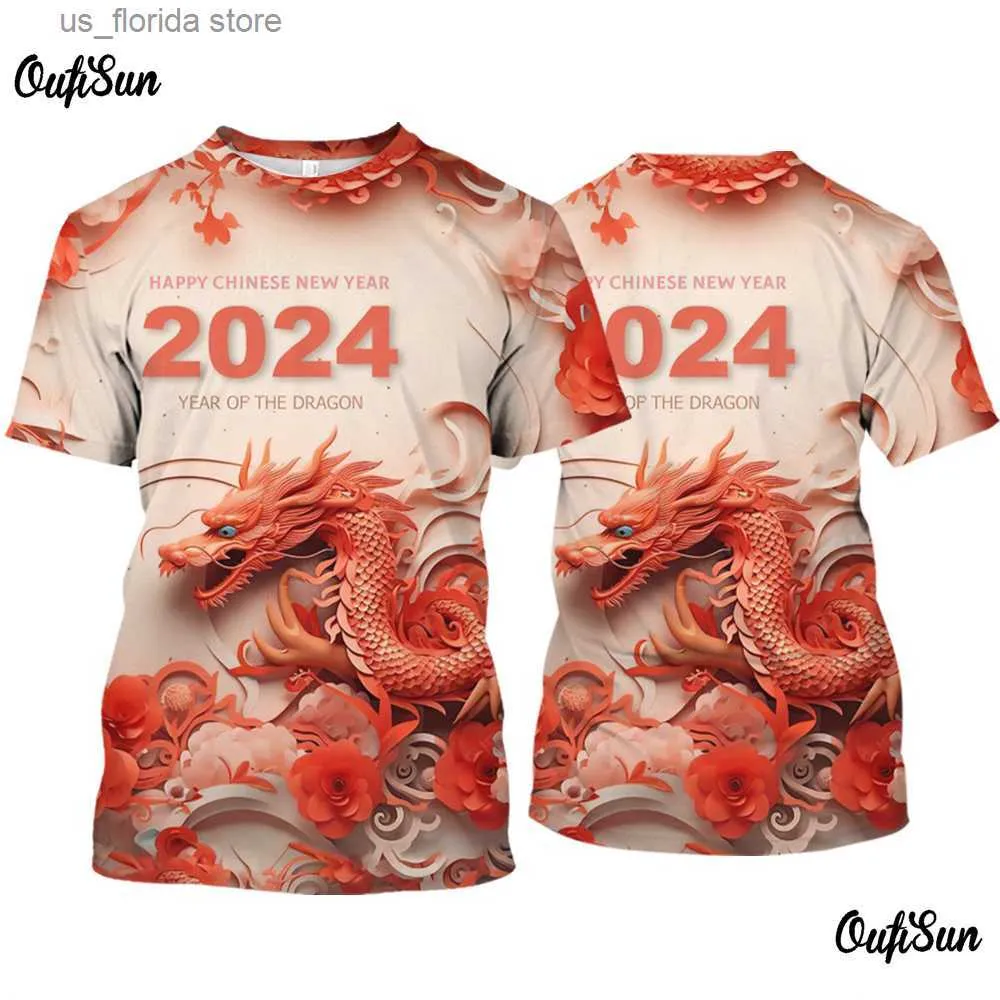 Herren T-Shirts 2024 Neujahr Drachenmuster Herren T-Shirt 3D-Druck Sommer Kurz Slve Ts Casual O-Ausschnitt Übergroße Kleidung Outdoor T-Shirt Y240314