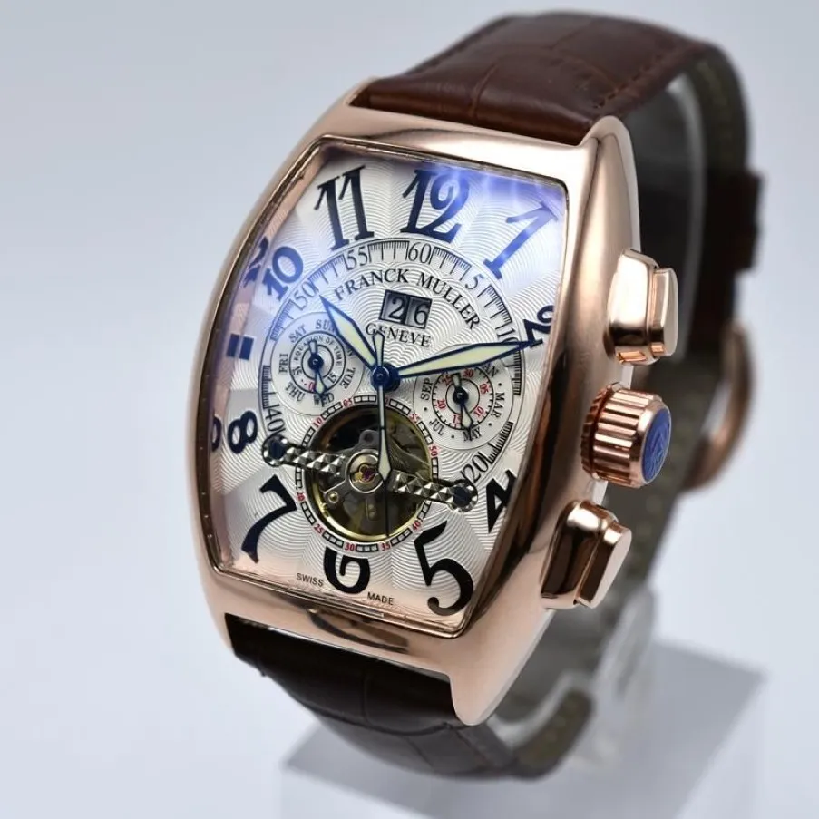Geneva luxury leather band tourbillon mechanical men watch drop day date skeleton automatic men watches gifts FRANCK MULLE285g