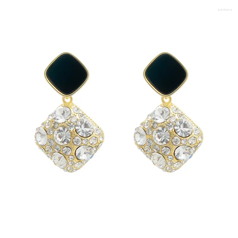 Studörhängen Retro Hong Kong Style Sier Needle Female Micro Inlaid Zircon Rhombus Ornament Black Square Ear Dreop