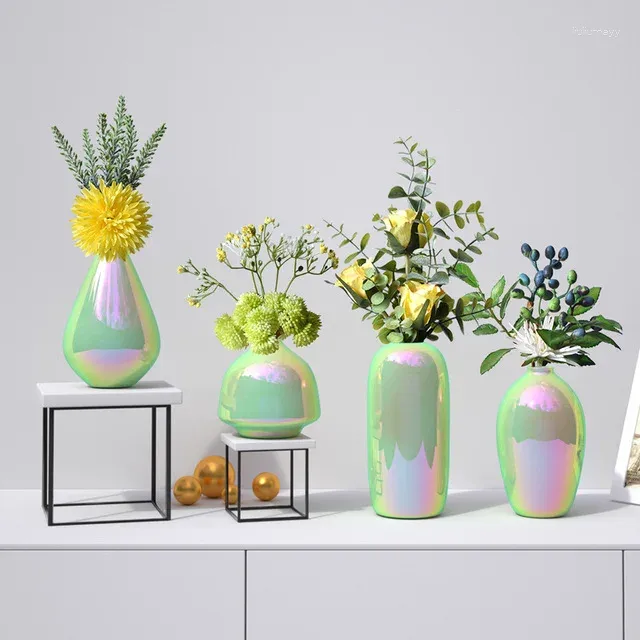 Vases Modern Pearl Green Ceramic Vase Fake Flower Arrangement Home Livingroom Table Furnishing Crafts Club Store Ornaments Decoration