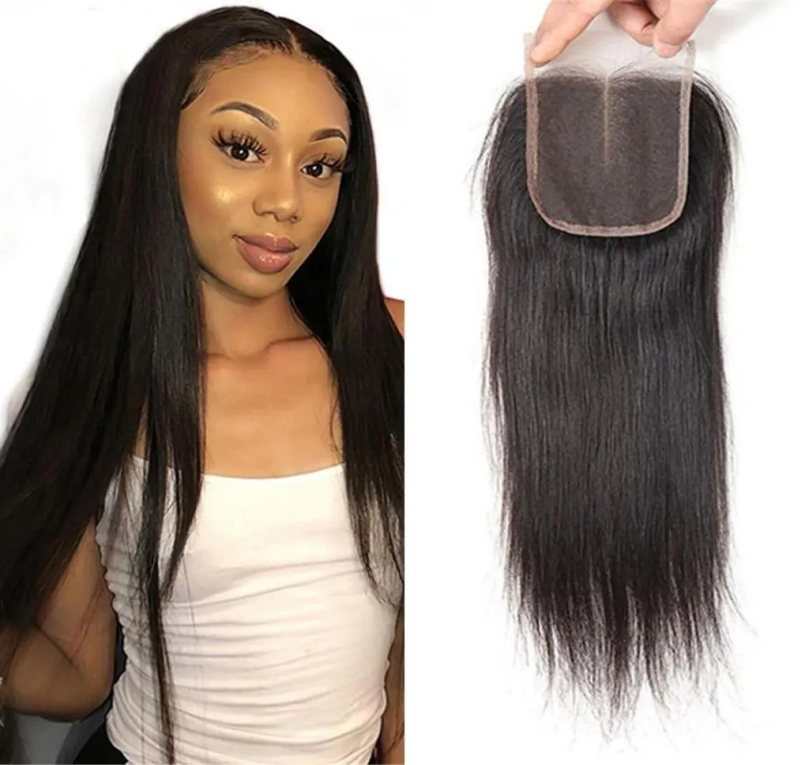 Brazilian Human Hair Straight Top Closure 44 Swiss Lace Middle Three Part Natural Black for Women2456952