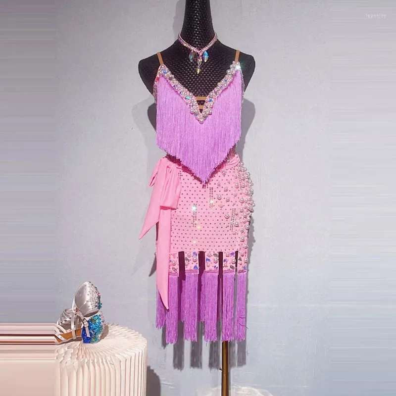 Stage Wear 2024 Women's Latin Dance Tassel Dress High End Custom Pink Pearl Tango Chacha Competition Professional Professional Performance Performance