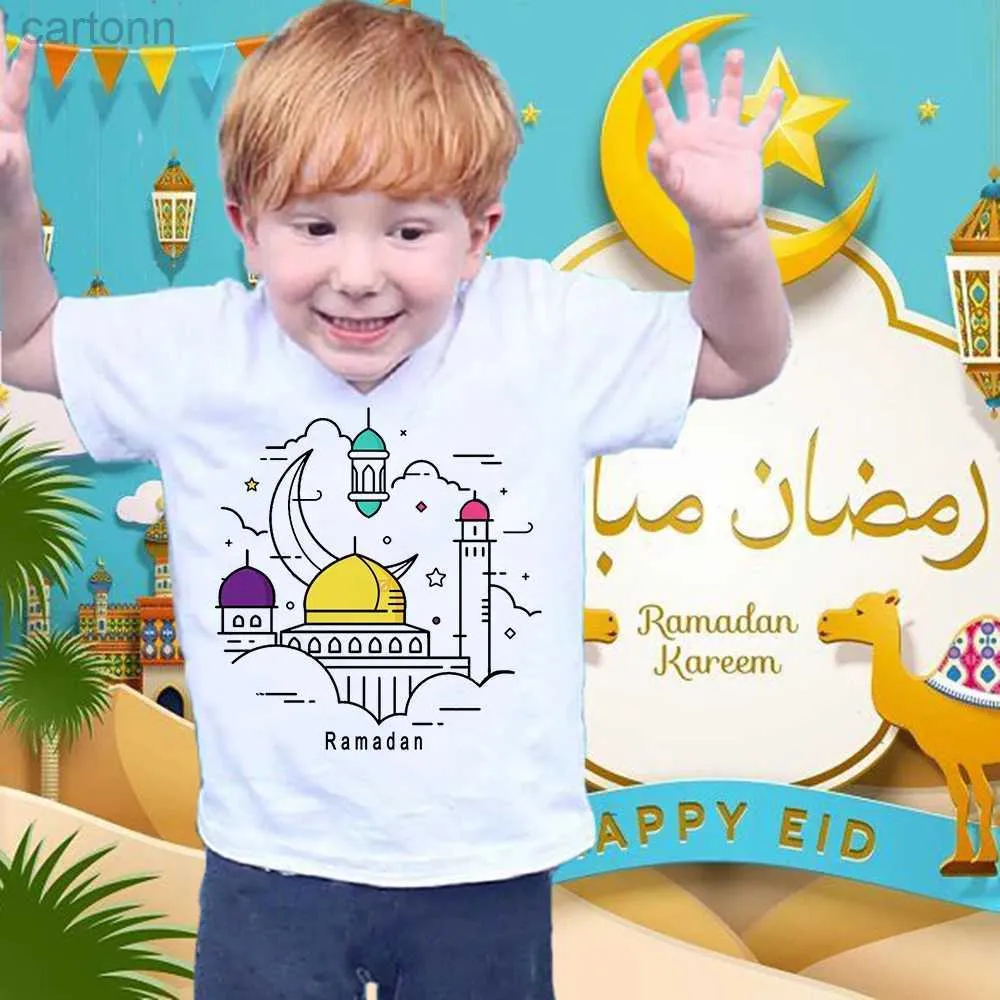 القمصان سعيدة رمضان طباعة ملابس الطفل بوي فتاة تي شيرت عيد مبارك كيد قميص قصير الأكمام طفل صغير الإسلام الإسلامي العطلة الزي القمم LDD240314