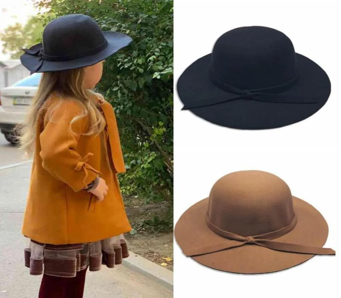 Kapaklar Şapkalar Vintage Çocuk Kızlar Fedoras Hat Düz Renkli Bowknot Geniş Brim Yün Çocuklar Disket Panama Cap3889334