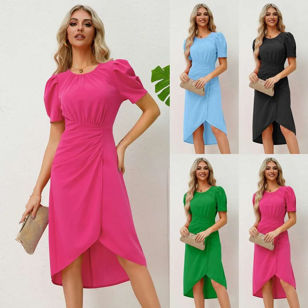Professionell sommar New Women's Round Neck Bubble Sleeves Slim Fit Style Dress