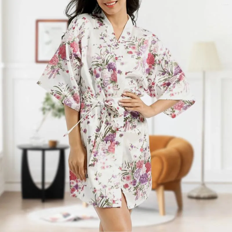 Vêtements de nuit pour femmes, cardigan d'été, robe de style japonais, imprimé floral, bain court, traditionnel, coupe cintrée, tenue à manches longues