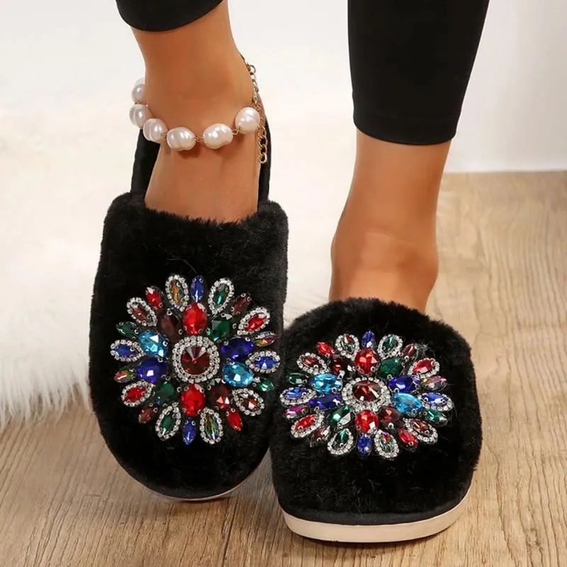 Slippers Winter Women'S Shoes Indoor House Cotton Plush Rhinestone Decorative Flat Bottomed Zapatos Para Mujeres