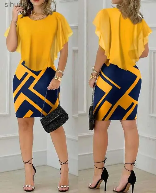 Temel Sıradan Elbiseler Kısa Kollu Kadınlar İçin Zarif Elbiseler Geometrik Baskı Fırfır Hem Bodycon Sıska Mini Elbise Yeni Moda 2023 Yaz Casuall2403