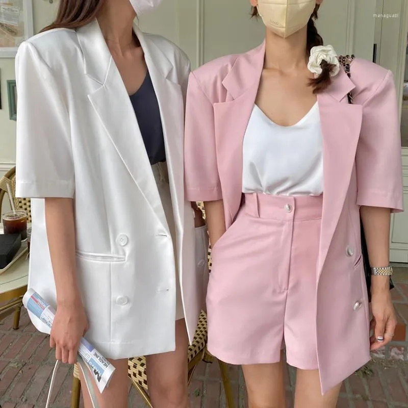 Fatos femininos moda coreana meninas blazer com shorts duas peças conjunto primavera verão design dividido na parte traseira mangas curtas jaqueta mulheres