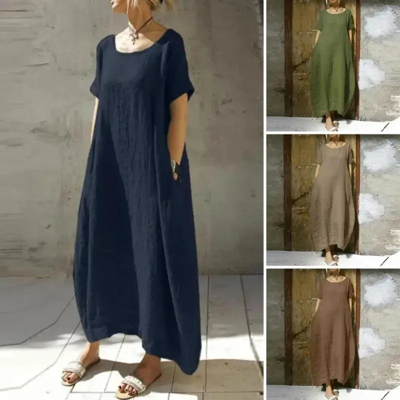 Robes décontractées Femmes Robe Élégante Plus Taille Maxi avec poches pour une ligne O Cou Couleur Solide Longueur de la cheville Swing Respirant