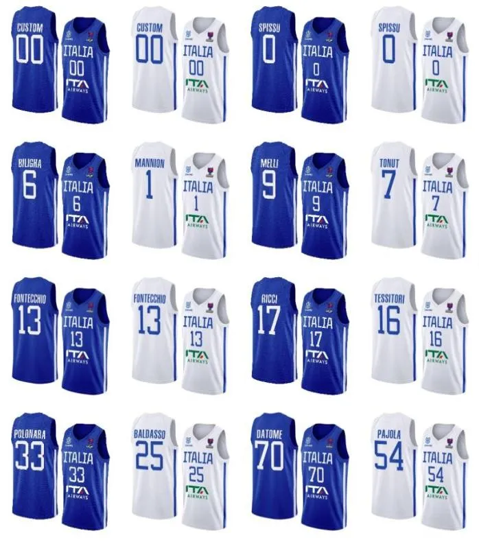 Personalizzato Italia stampato Maglie da basket EuroBasket 2022 Blu Casa Bianco Trasferta 13 Simone Fontecchio Marco Spissu 1 Nicolo Mannion 6 4859681