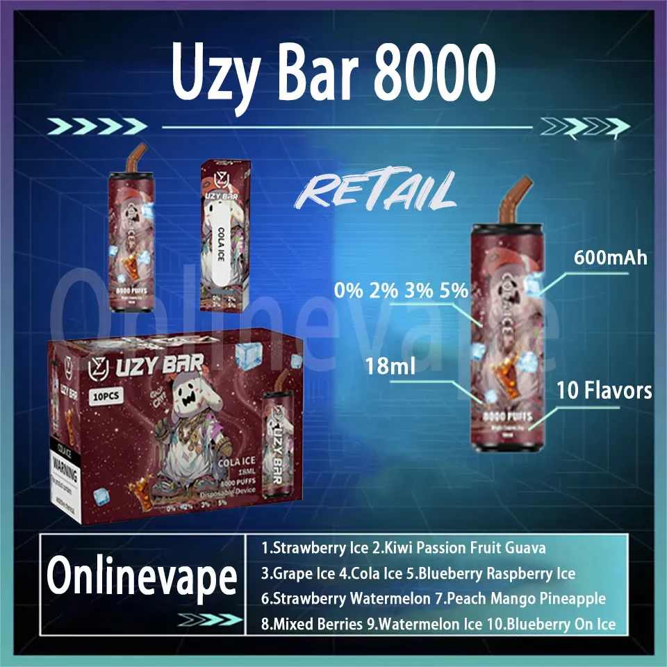 Original Uzy Bar 8000 Puff Disposable E Cigaretter 16 ml POD Batterisladdningsbara elektroniska cigs Puff 8K 0% 2% 3% 5% Vape Kit