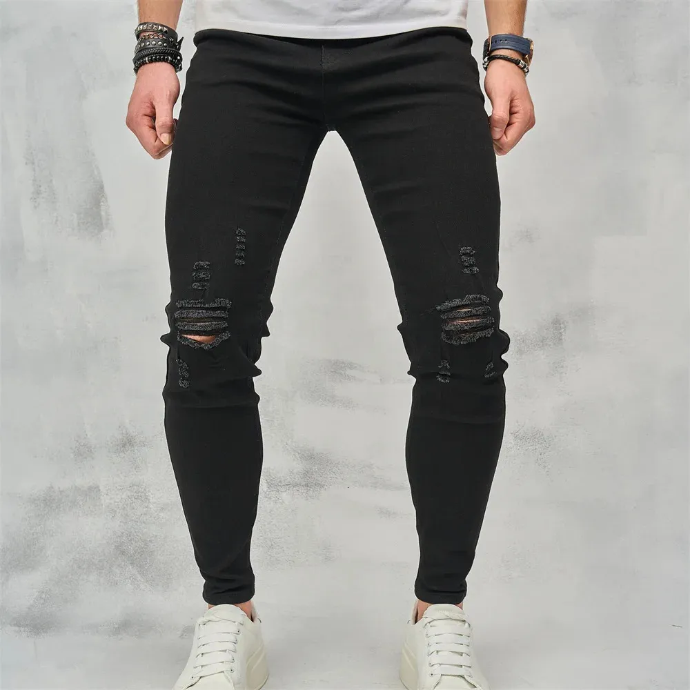 Män high street rippade hiphop stilfulla smala jeans manliga byxor kvalitet hål casual bomullspennor denim byxor 240305