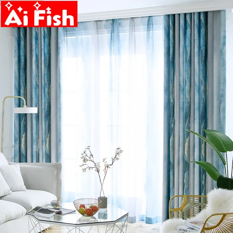 Gordijnen eenvoudige Boheemse stijl gradiënt blauw gestreept met blad thuis textuur gordijnen voor woonkamer highgrade blackout slaapkamer #4