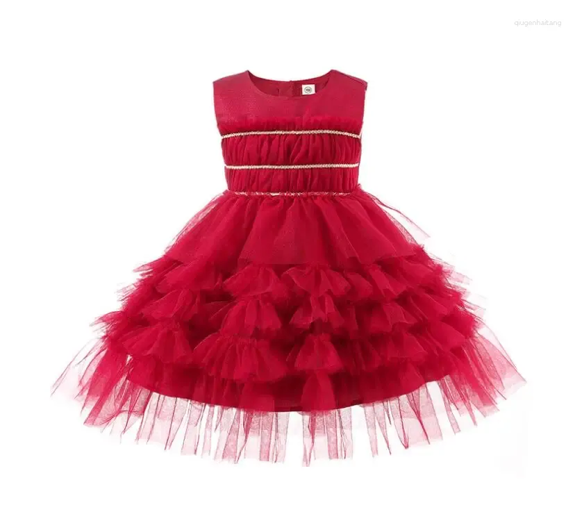 Girl Dresses 2024 Boutique Red Mesh Summer Dress Princess Kids Sweet Party 1-6T