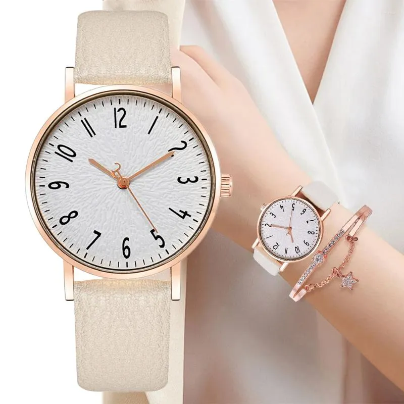 Wristwatches 2 Piece Set Simple Ladies Watches Fashion Beige Numbers Women Quartz Watch Luxury Leather Dress Female Clock