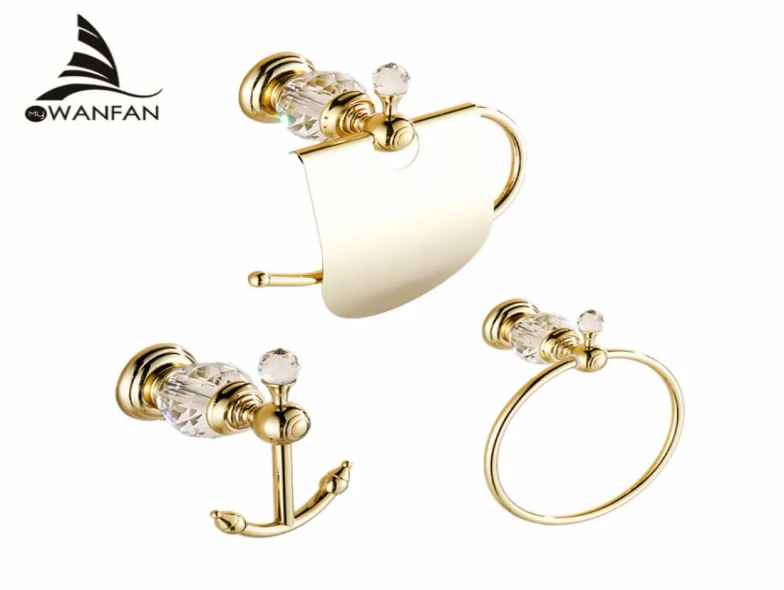 Juegos de accesorios para baño, gancho de estilo europeo en la pared, soporte de papel de latón y cristal de lujo, colgadores de baño dorados, anillo de toalla HK009667135