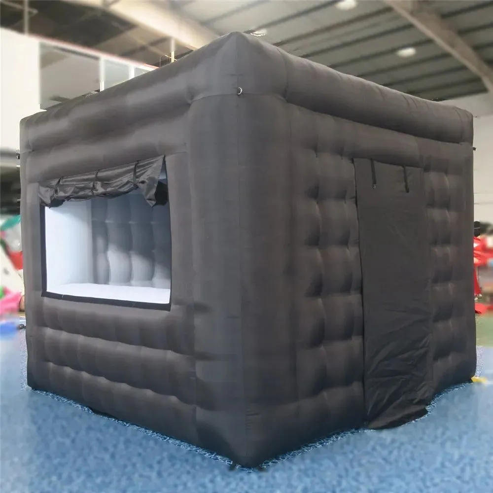 wholesale 5x5x3.5mH (16.5x16.5x11.5ft) Inflatable Concession Stand Booth Stand Ticket Black Cube Kiosk With Windows And Doors For Cotton Popcorn Icecream