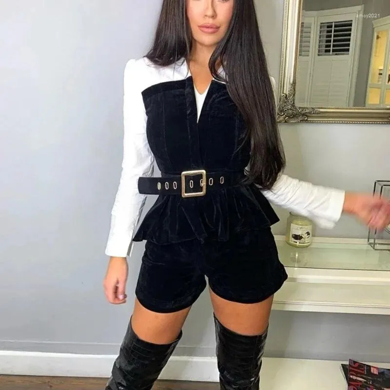 Women's Tracksuits 2024 Spring Long Sleeve Patchwork Velvet Tops And Shorts Elegant OL Office Formal Black Two Peice Set For Women Matching