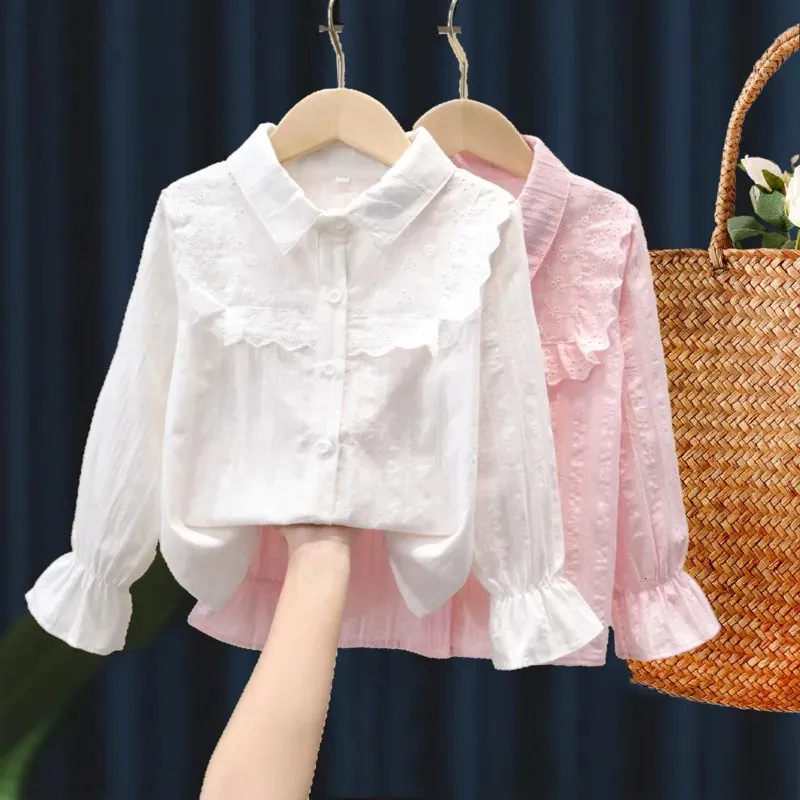 2023 Spring Autumn Long Sleeve Kids Shirts School Girl Shirt Baby Toddler Teen Girls Lace White Blouse Topps Children kläder 240307