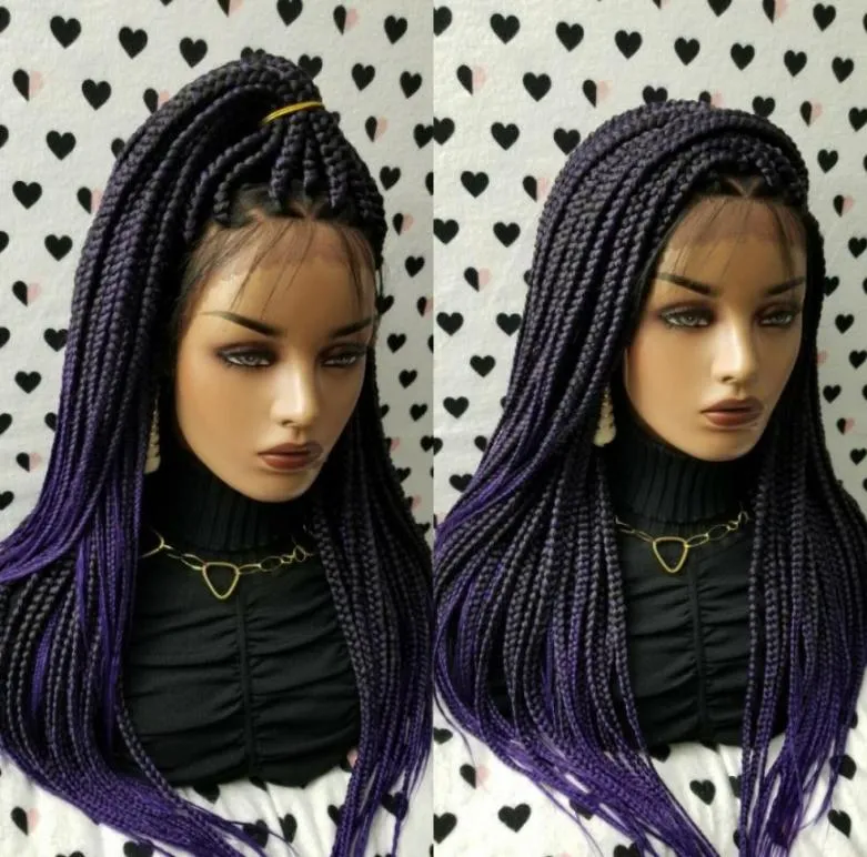 Long Braided Wig Ombre Purple Color Synthetic Box Braids Wigs Simulation Human Hair For American Black Women6963582