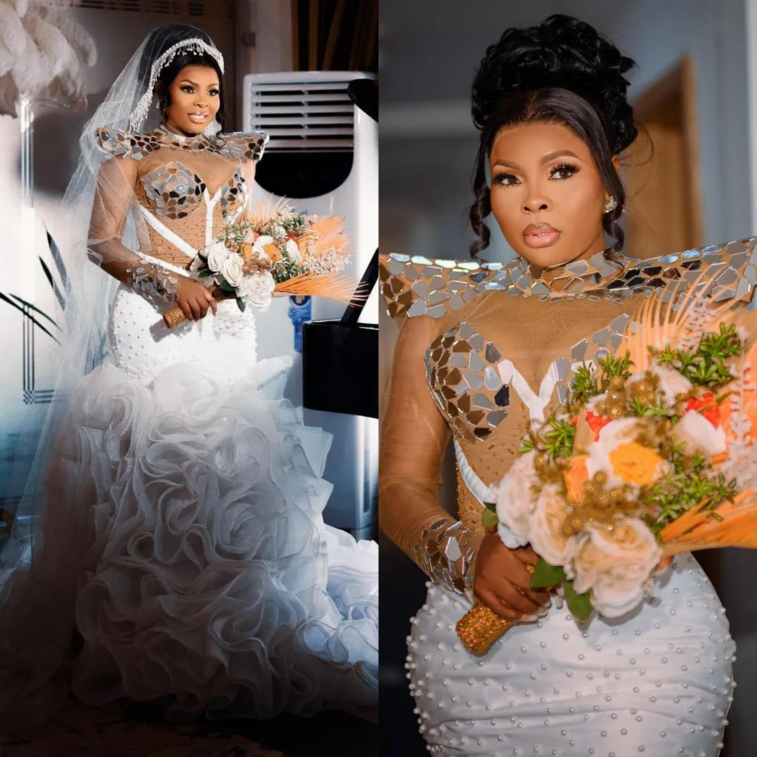 2024 Meerjungfrau-Hochzeitskleid in Übergröße für die Braut, Brautkleider, glitzernde, luxuriöse Spiegel-Pailletten-Hochzeitskleider, Rüschen, Perlen, Kleid für afrikanische schwarze Frauen NW136