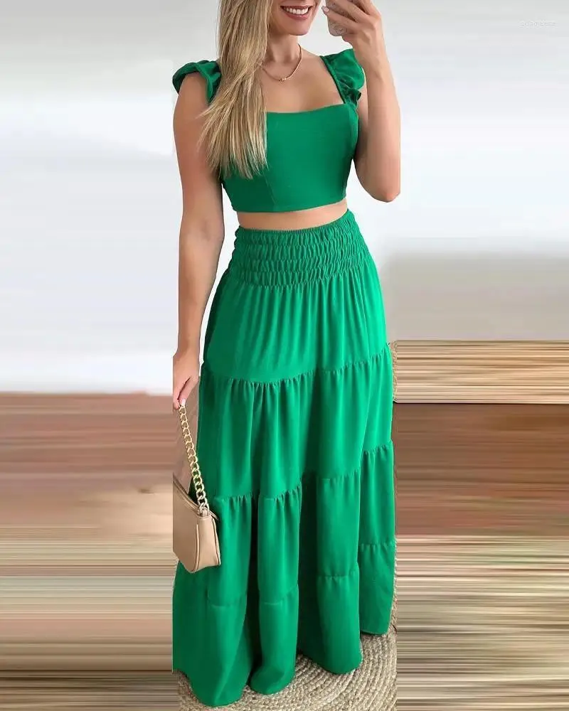 Vestidos de trabalho babados curto topo e saia conjunto chique moda verão diário mulher casual sexy alto estilo forma-encaixe decoração plissada