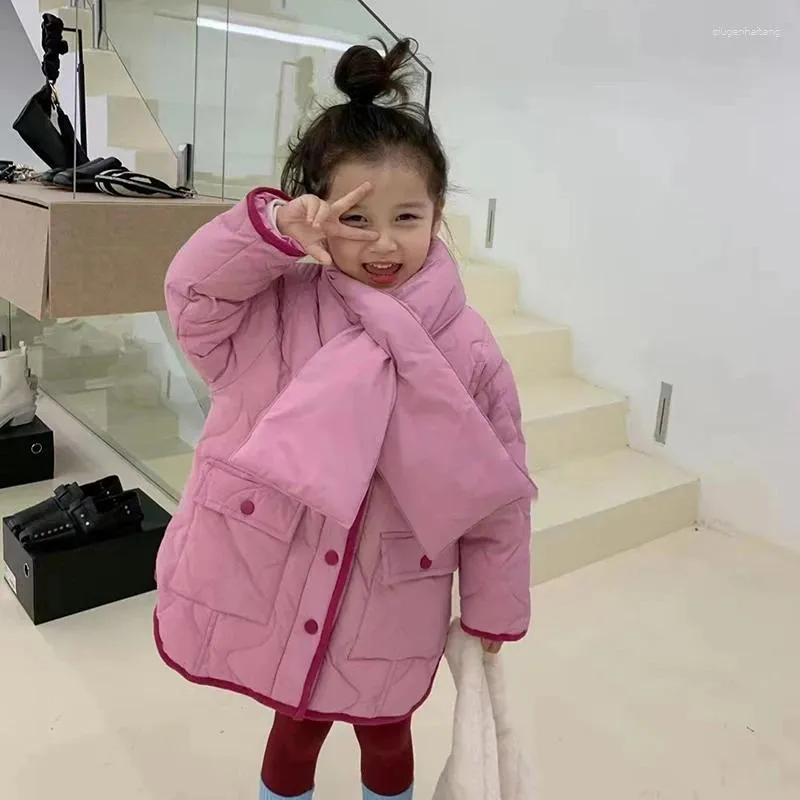 Manteau en duvet pour filles, 2 pièces, avec écharpe, vêtements chauds, vestes en peluche, mode coréenne, Parkas longs pour enfants de 3 à 7 ans, 2024