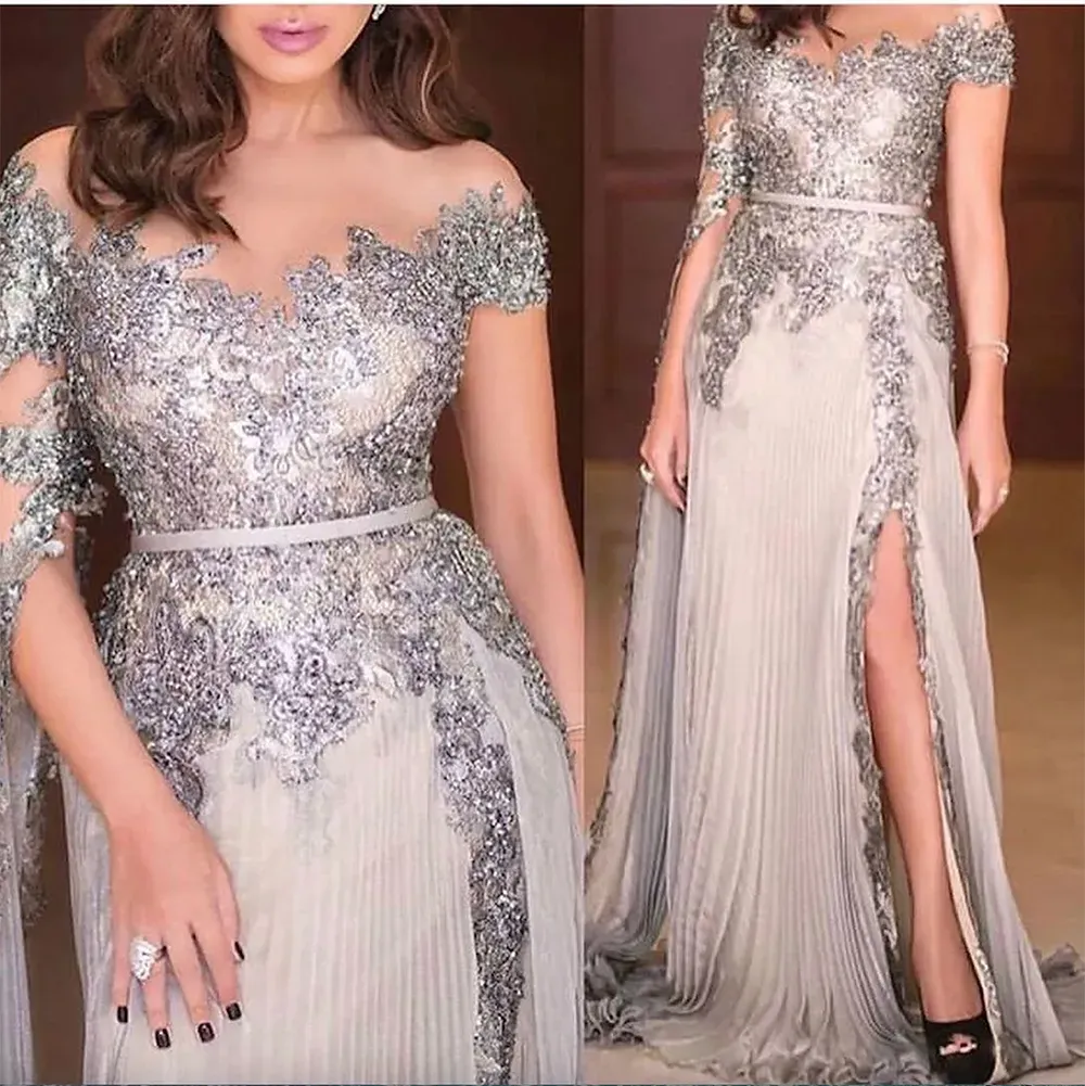 2024 Modest Silver Prom Dresses Long Sleeves Sheer Neck Lace Applique Sequins Beaded Side Slit A Line Ruched Pleats Evening Party Gowns