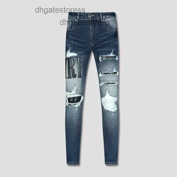 Mens Jeans High Street Fashion Men Retro Washed Blue Stretch Skinny Ripped Homme Leather Patch Designer Hip Hop Brand Pants