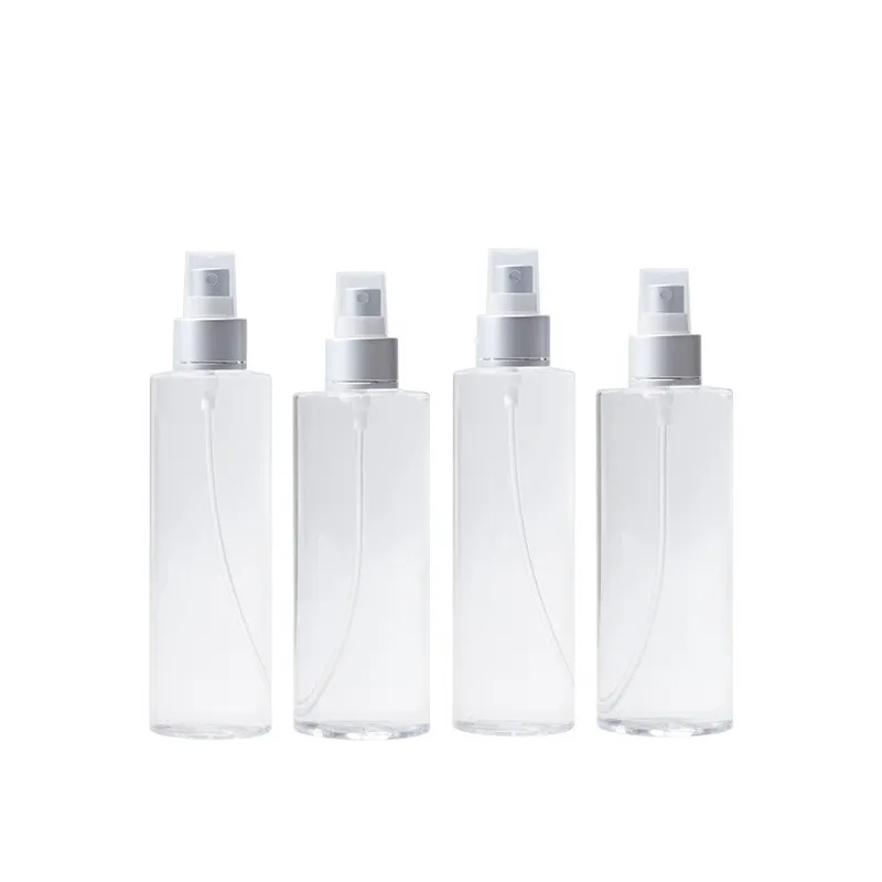 Bouteilles de pulvérisation d'atomiseur en plastique transparent Falt épaule PET pompe argent mat emballage cosmétique Toner parfum bouteilles rechargeables 100 ml 120 ml 150 ml 200 ml 250 ml