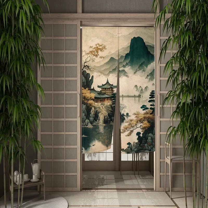 Cortinas chinesas pintura de paisagem cortina de porta estilo japonês sala de jantar cozinha divisória cortina entrada pendurada meia cortina