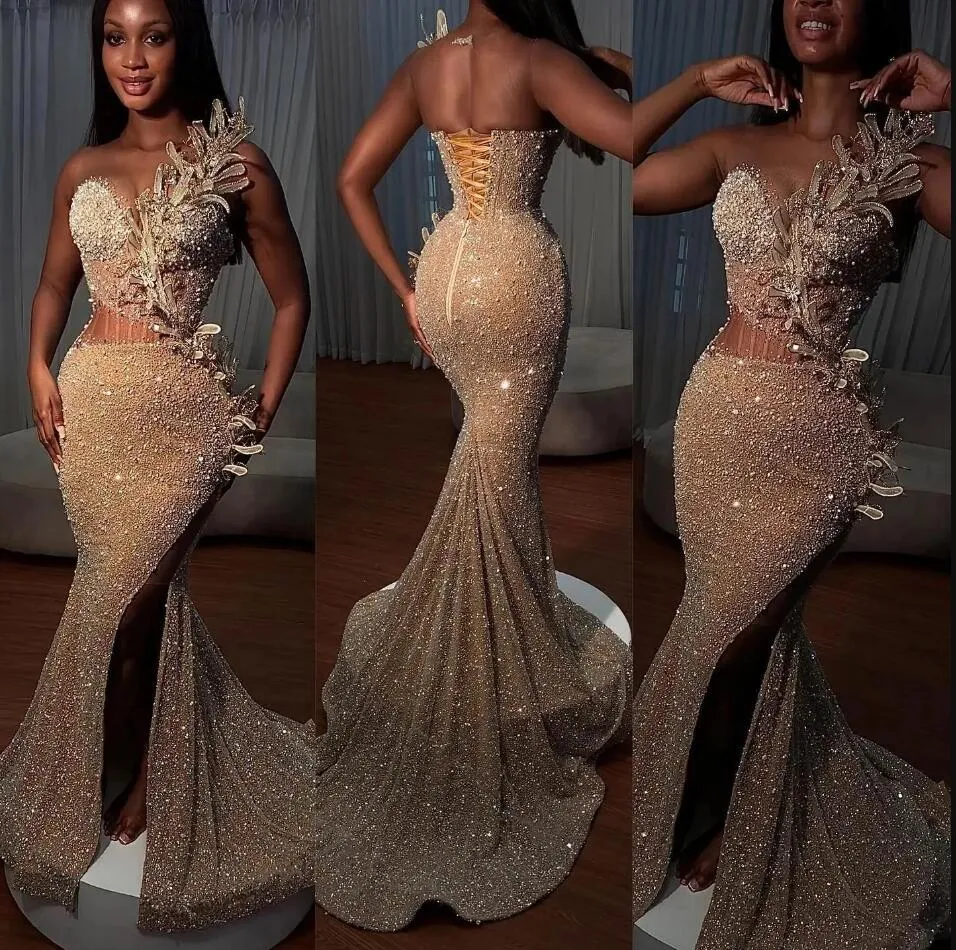 Sequin Mermaid Dress: Illusion Mesh Top, High Split Long