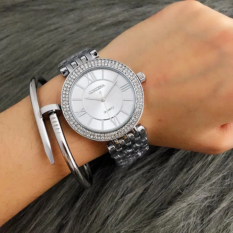 Montres-bracelets Contena Femmes Montres Mode Strass Dames Montre Top Silver Femmes Full Steel Clock