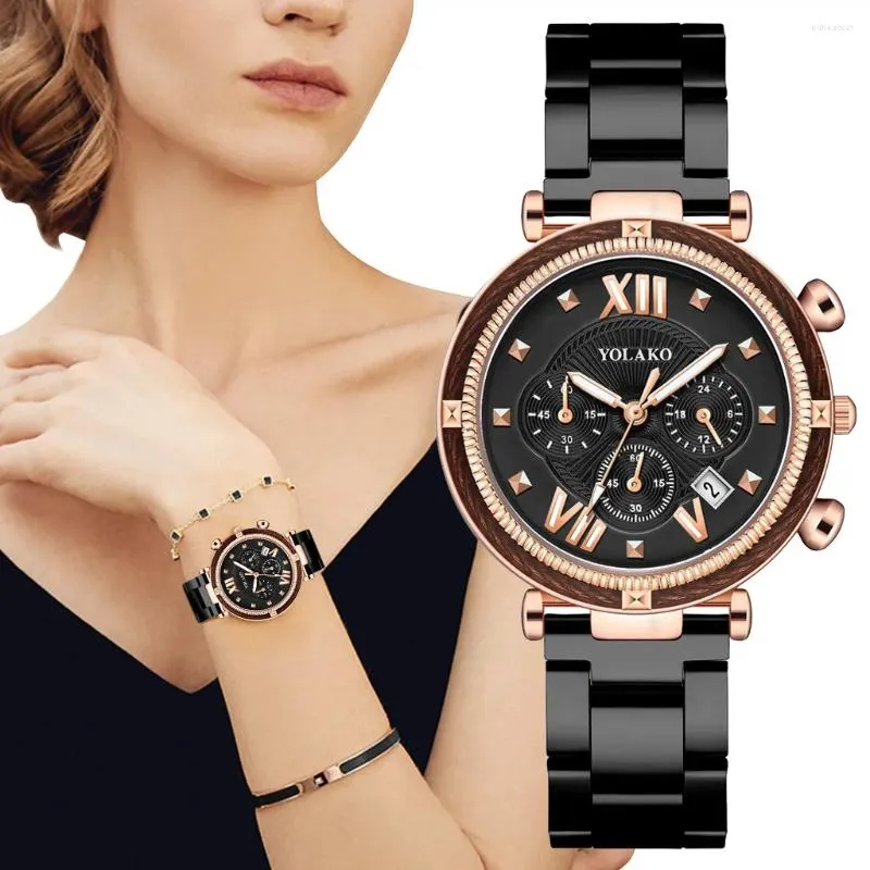 Wristwatches Watch For Women Watches Selling Products Fashion Women's Three Eyes Calendar Steel Band Quart