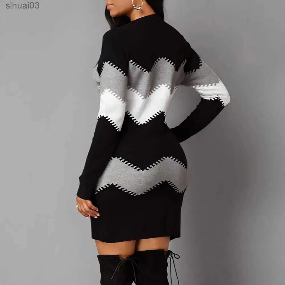 Basic Casual Dresses Colorblock Dress Elegant Striped Knitted Mini Dress for Women Slim Fit Above Knee Length Long Sleeve Round Neck for Fall WinterL2403