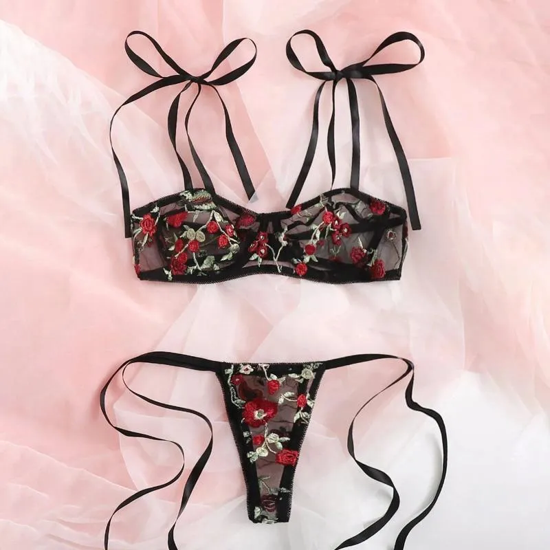 Conjuntos de sutiãs mulheres malha floral bordado lingerie transparente rendas sutiã com tanga roupa interior sensual ver através do traje erótico