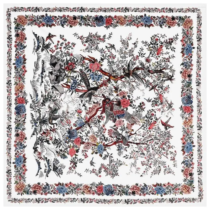 Scarves 130CM Silk Scarf Women Large Shawls Tree Birds Print Stoles Square Bandana Luxury Kerchief Hijab Female Foulards Beach Towel