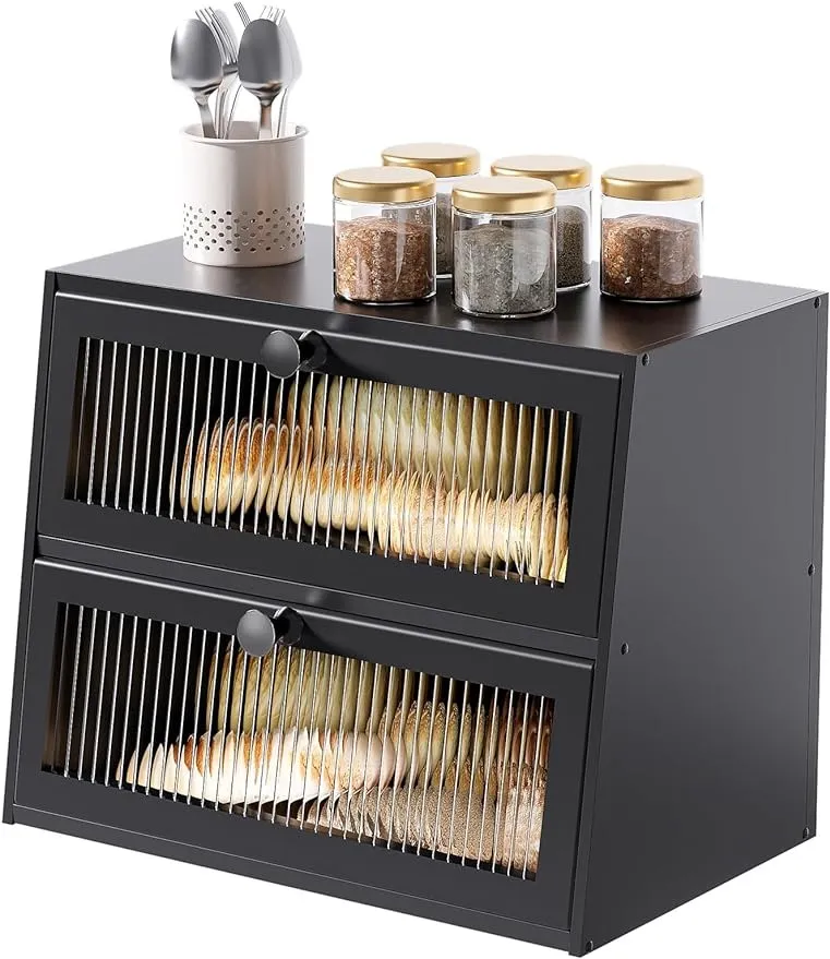 Caixas de pão JUATPNIY para balcão de cozinha hermético armazenamento de pão recipiente grande caixa de pão de madeira com janela (preto)