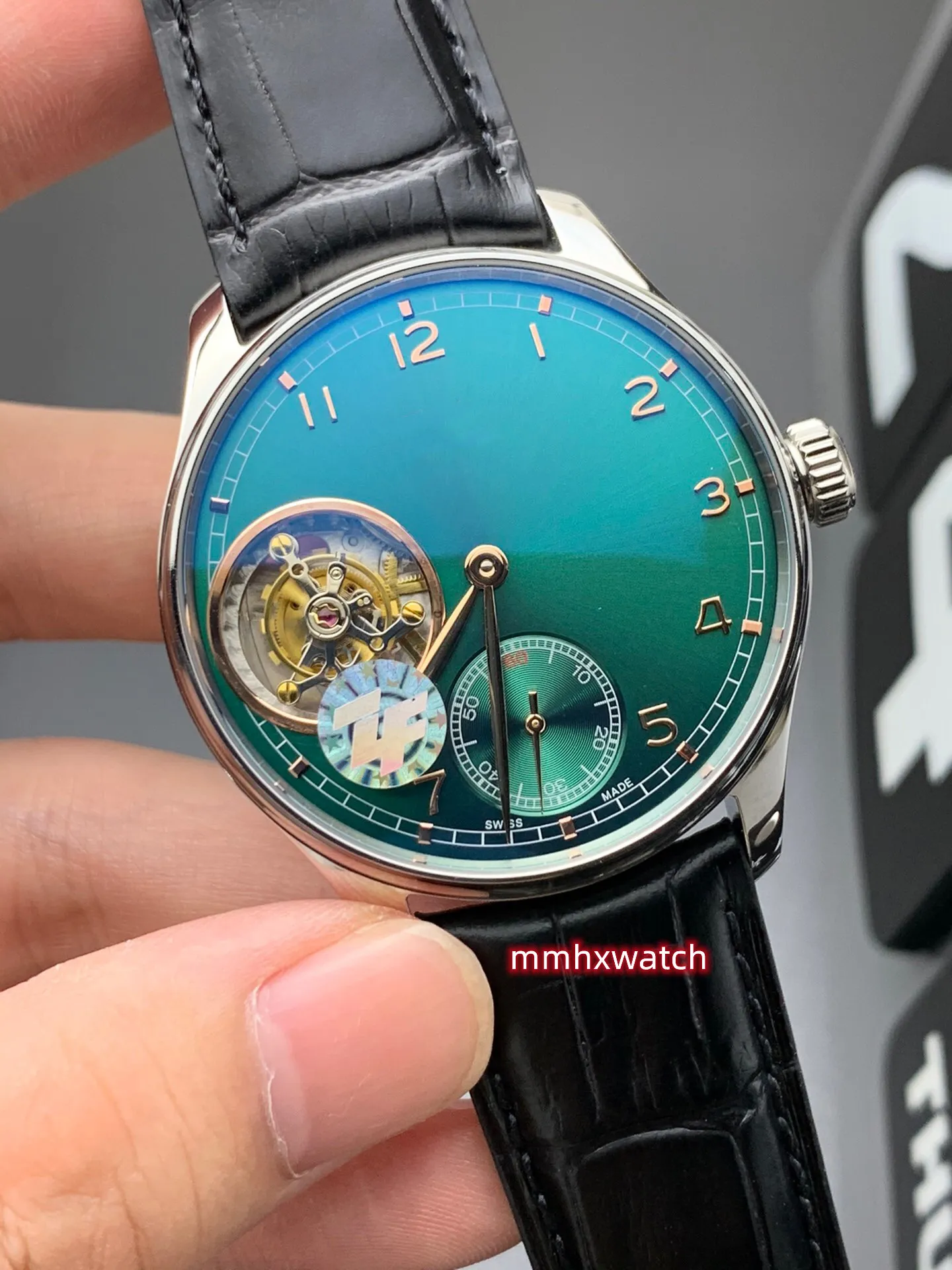 ZF-Werksuhr, Durchmesser 44 mm, mit Seagull-Automatik-Tourbillon-Uhrwerk, Saphirglas, verspiegeltes Rindslederarmband