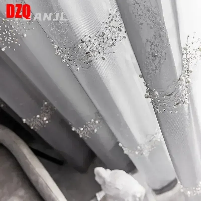 Tende Tende di tulle grigie di lusso europee per soggiorno camera da letto Ricamo moderno con perline Bella finestra elegante personalizzata Yarm Sheer