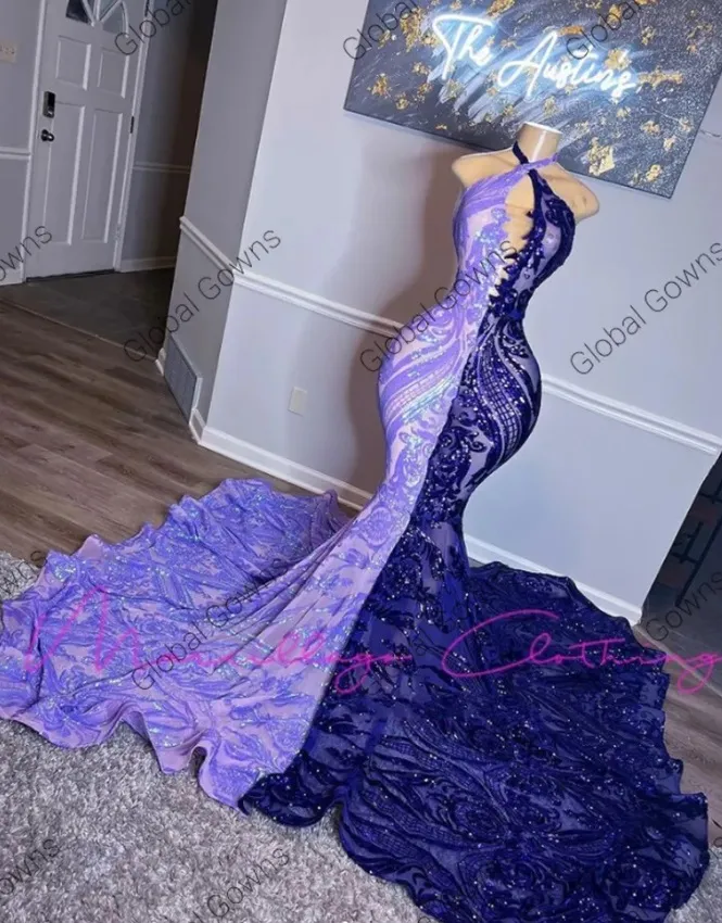 Sparkly Sequined Mermaid Long Prom Dresses Black Girls Halter ärmlös aftonklänningsfestklänningar Robes Vestidos Noche BC15518