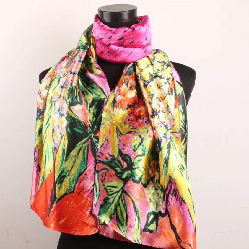 1 pièces Fuchsia Orange lys fleur et feuilles vertes foulards femmes mode Satin peinture à l'huile longue enveloppement châle plage foulard en soie 322x