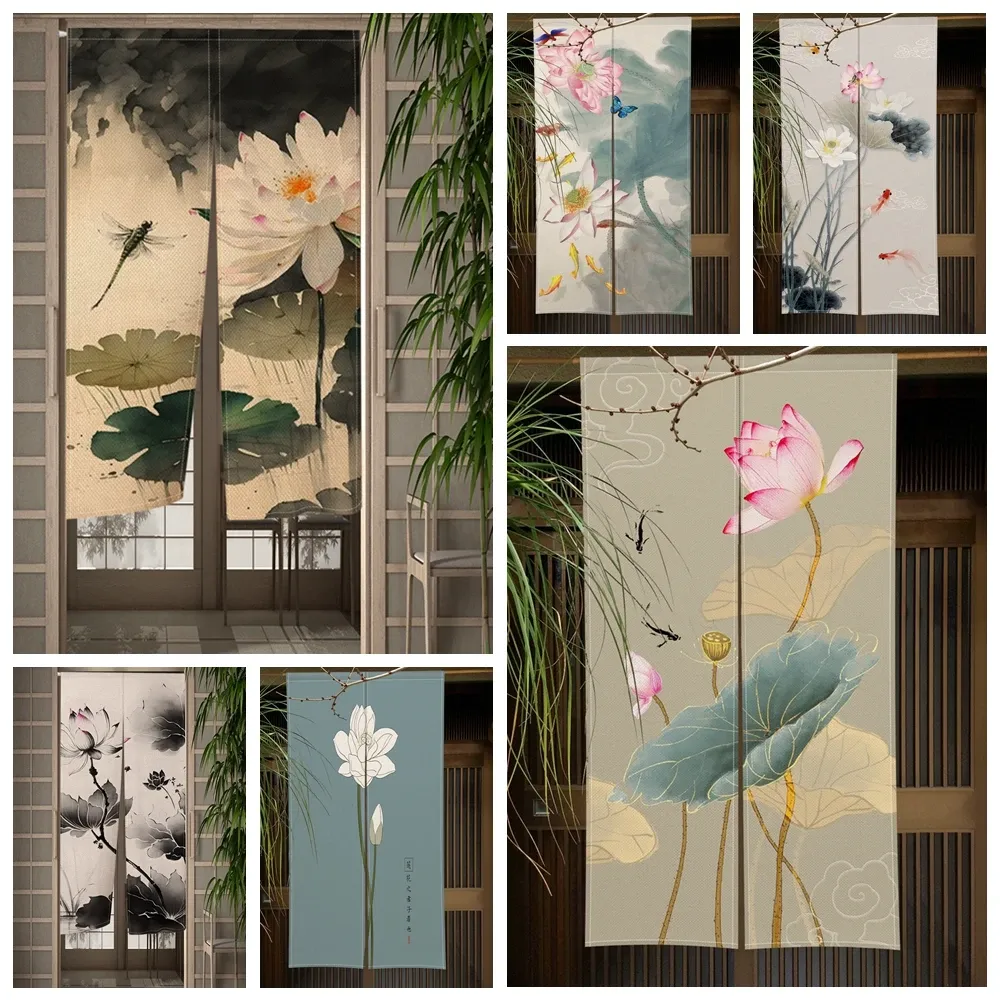 Vorhänge Lotus Pflaumenblüte Japanischer Noren-Vorhang Chinesische traditionelle Malerei Küche Schlafzimmer Tür Eingang Leinen Tür Halbvorhänge